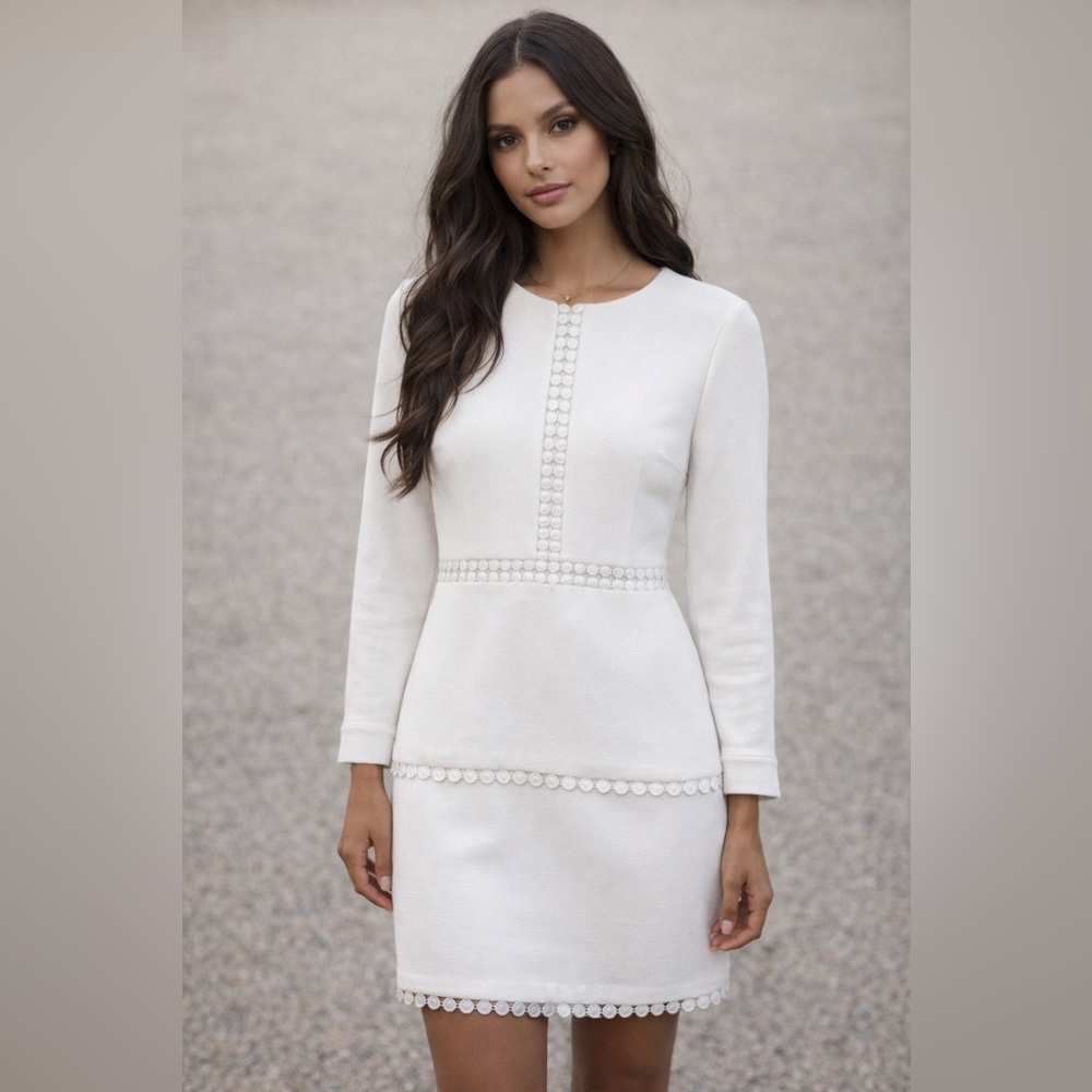 Club Monaco White Long Sleeve Sheath Dress with Decorative Trim